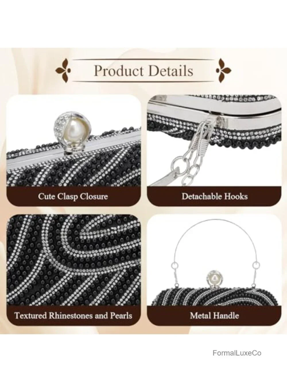 Beaded Pearl Clutch Purse Faux Leather Bridal Evening Bag with Detachable Chain